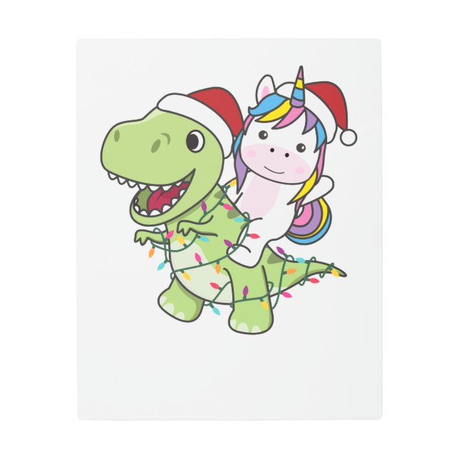 Impresión En Metal Navidades de dinosaurios Unicorn Invierno T-Rex Di (Anverso)