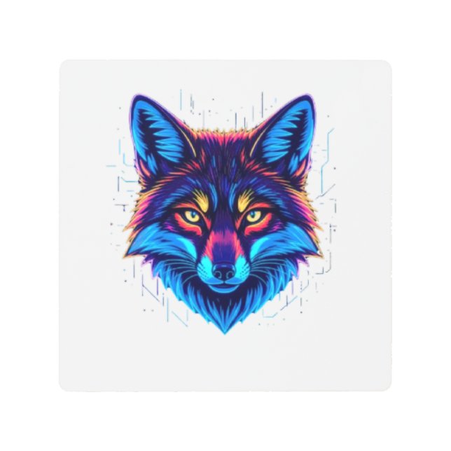 Impresión En Metal Neon Fox Face – Vibrant Glowing Design (Anverso)
