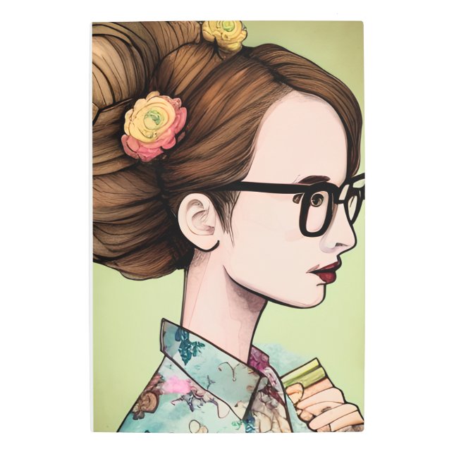 Impresión En Metal Nerdy Chica asiático sostiene libros (Anverso)