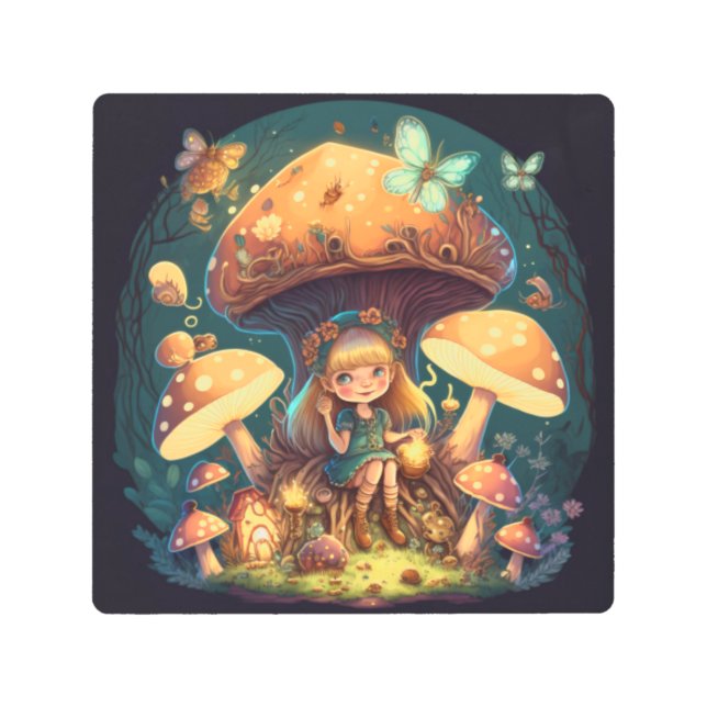 Impresión En Metal Niña eleva entre hongos (Anverso)