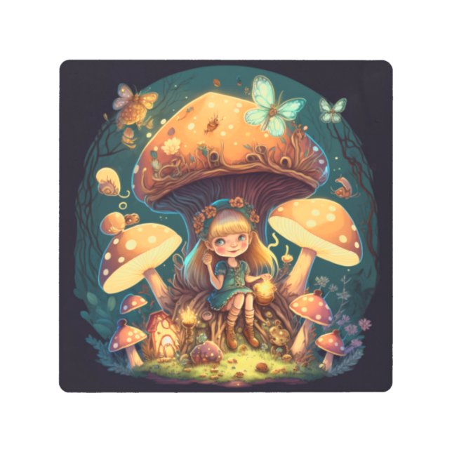 Impresión En Metal Niña eleva entre hongos (Anverso)