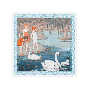 Impresión En Metal Niños alimentando cisnes blancos en lago azul