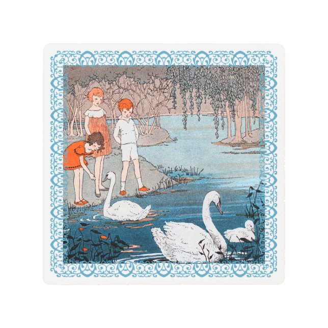 Impresión En Metal Niños alimentando cisnes blancos en lago azul (Anverso)