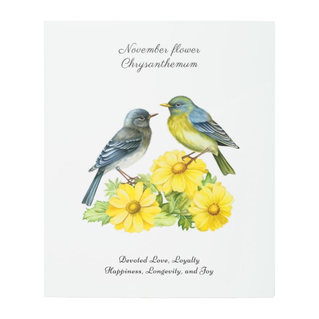 Impresión En Metal Noviembre Mes de Nacimiento Flor Crisantemo Aves (Anverso)
