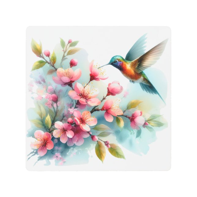Impresión En Metal Obra artística de colibrí floral/primavera (Anverso)