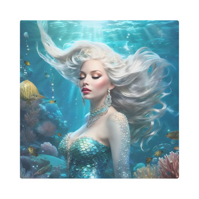 Impresión En Metal Océano turquesa de pelo plateado de sirena (Anverso)