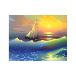 Impresión En Metal Olas oceánicas, velero y reflexión sobre la puesta