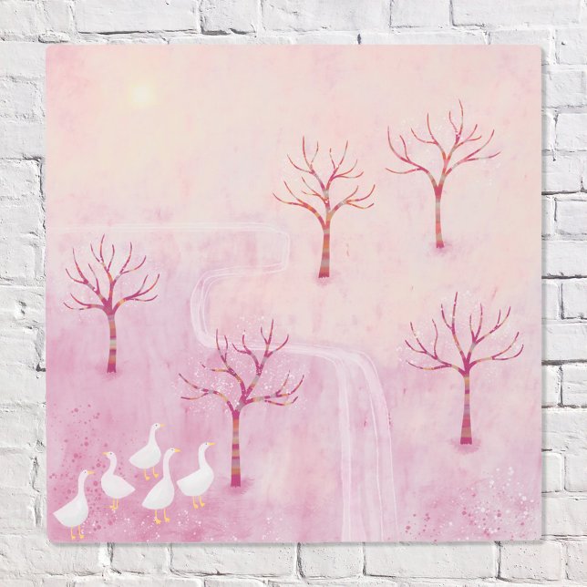 Impresión En Metal Orchard rosa con pintura panorámica geesa (Geese in the Orchard modern pink landscape painting metal art print)
