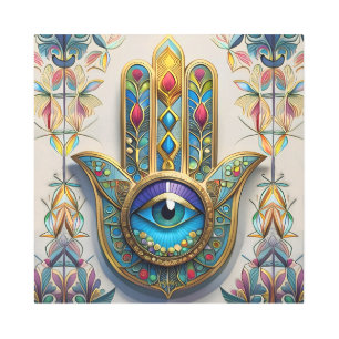 Impresión En Metal Oro Colorido Filigree Azul-Verde Tercer Ojo Hamsa