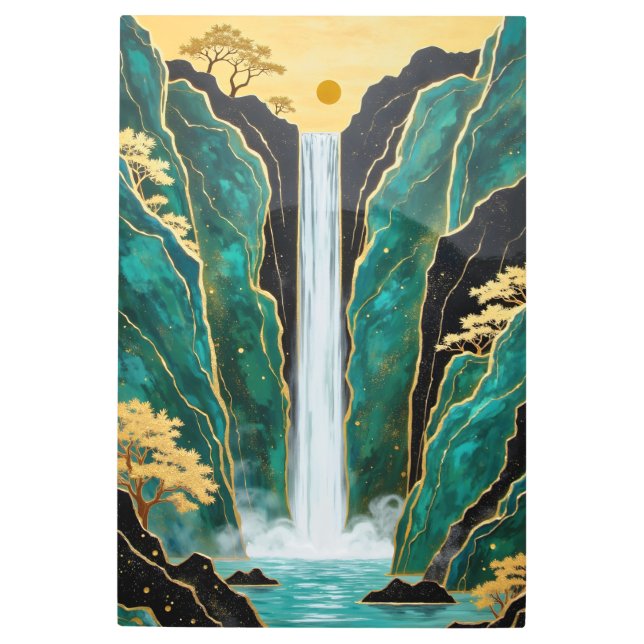 Impresión En Metal Paisaje de cascada con acentos dorados (Anverso)