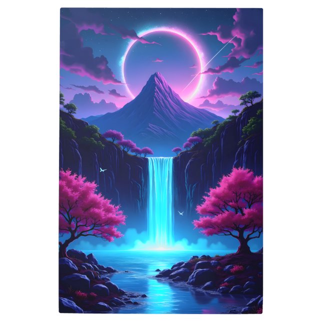 Impresión En Metal Paisaje de Cascada Neón con Montaña (Anverso)