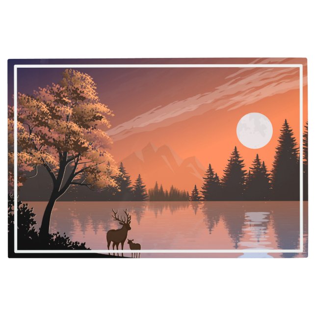 Impresión En Metal Paisaje Sunrise con Lago y Deers-51207 (Anverso)