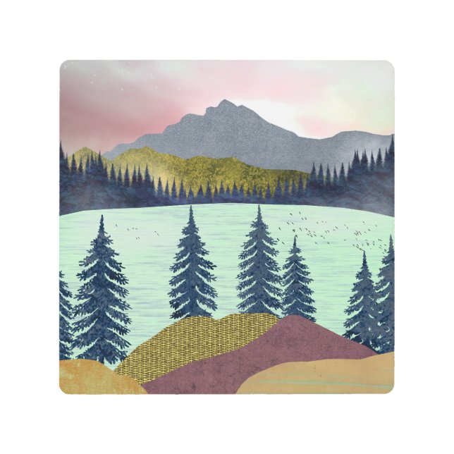 Impresión En Metal Panorama del Lago del cielo rojo (Anverso)