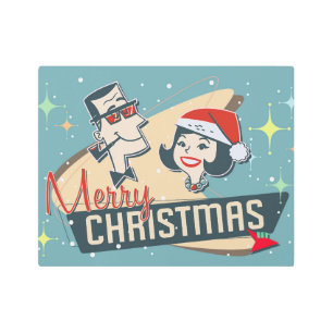 Impresión En Metal Pareja Retro Feliz Navidad Vintage Rótulo navideño