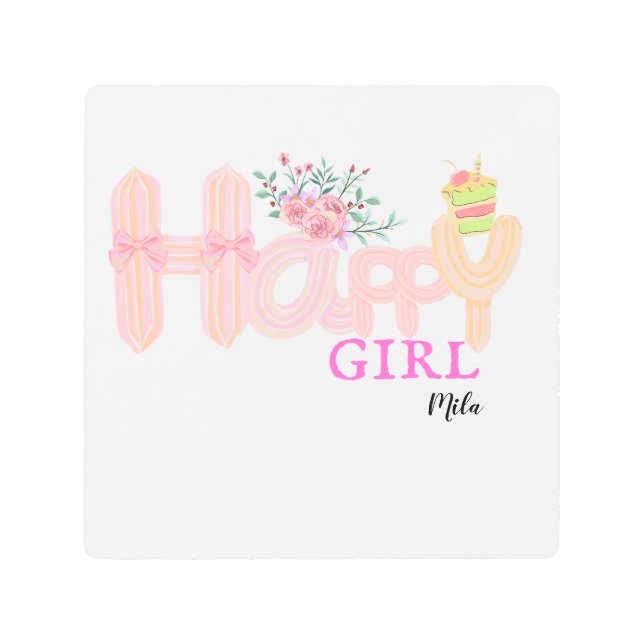 Impresión En Metal pastel de crema feliz chica (Anverso)