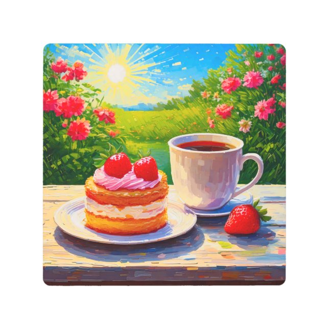 Impresión En Metal Pastel de fresa y deplante de café (Anverso)