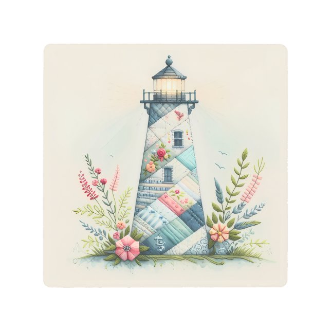 Impresión En Metal Patchwork Lighthouse Coastal Floral Scene (Anverso)