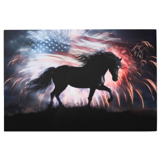 Impresión En Metal Patriótico de los fuegos artificiales de caballos 