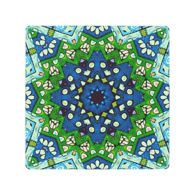 Impresión En Metal Patrón azul verde retro mosaico de Mandala (Anverso)