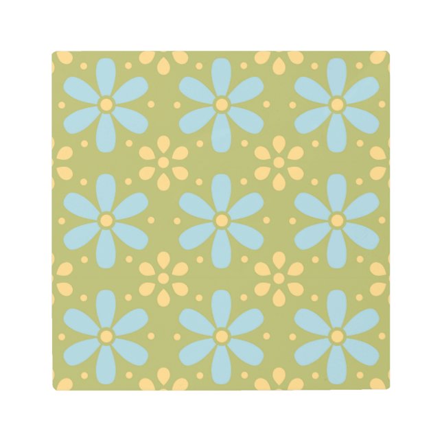 Impresión En Metal Patrón de flores azules y amarillas retro (Anverso)