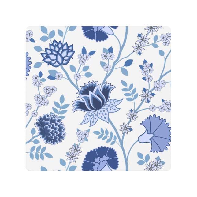 Impresión En Metal Patrón jacobino floral Lg azul en blanco (Anverso)