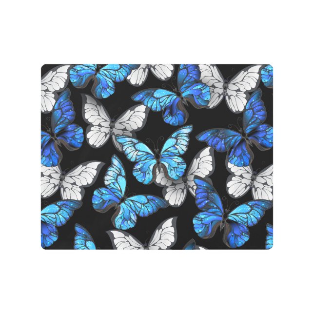 Impresión En Metal Patrón oscuro sin foco con mariposas azules morfo (Anverso)