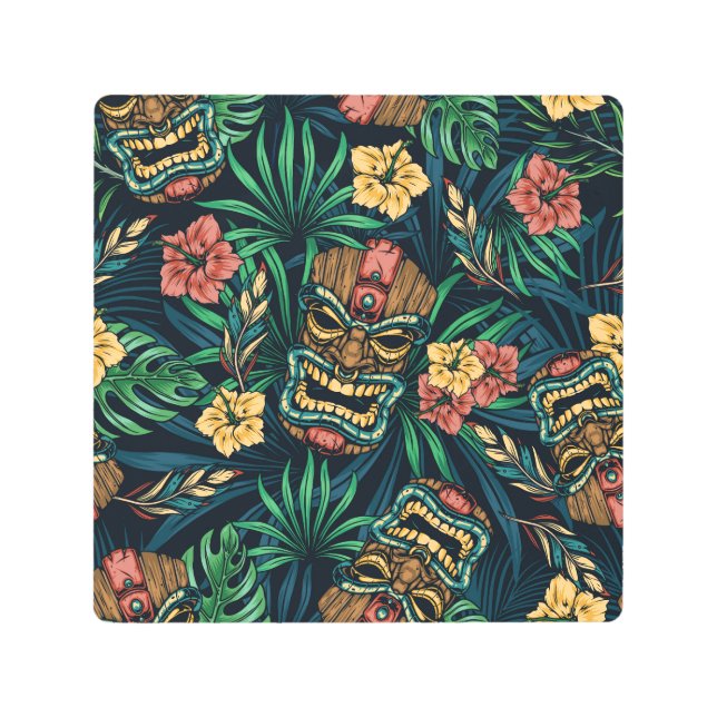 Impresión En Metal Patrón tropical hawaiano de la máscara tiki (Anverso)