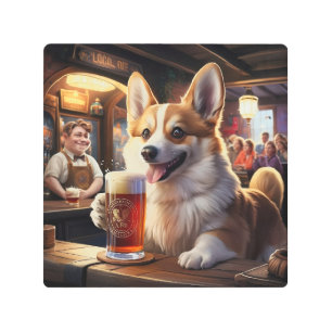Impresión En Metal Pembroke Corgi bebiendo una cerveza en el pub