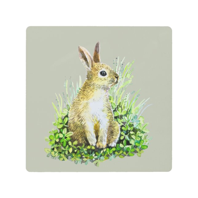 Impresión En Metal pequeño conejo acuarela de pared de madera (Anverso)