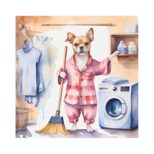 Impresión En Metal Perro caprichoso en pijamas lavando ropa (Anverso)