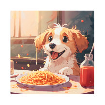 Perro comiendo espagueti