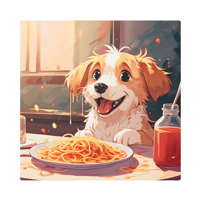 Impresión En Metal Perro comiendo espagueti (Anverso)