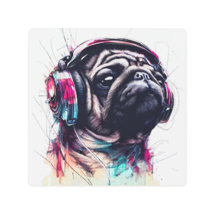 Impresión En Metal Perro lindo con audífonos ilustracion de color de 