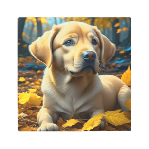 Impresión En Metal Perro picante jugando en hojas de otoño