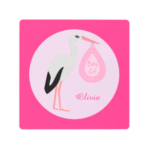 Impresión En Metal Personalizado de cigüeñas bebé rosada bonito