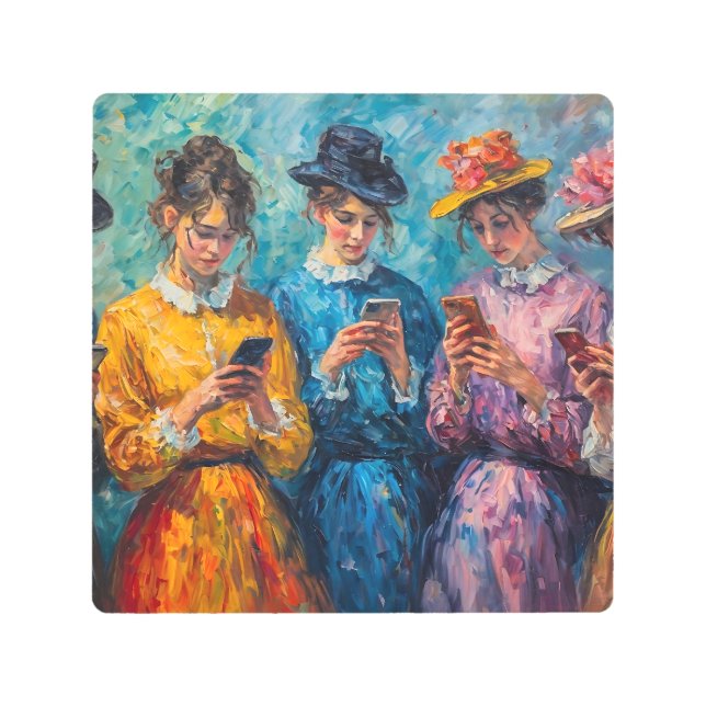 Impresión En Metal Personas del siglo XIX usando smartphones (Anverso)