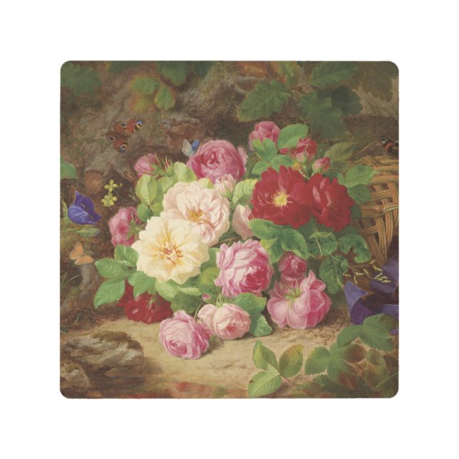 Impresión En Metal Pieza Rosa en el suelo forestal con mariposas (Anverso)