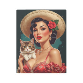 Impresión En Metal Pin-Up mexicano sosteniendo un gato lindo