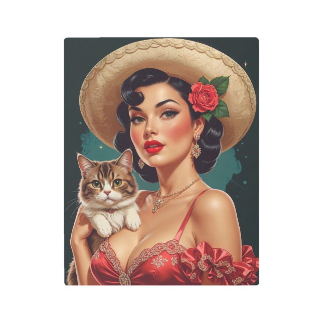 Impresión En Metal Pin-Up mexicano sosteniendo un gato lindo (Anverso)