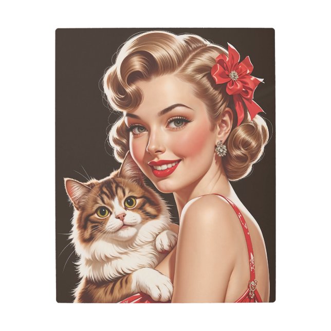 Impresión En Metal Pin-Up sonriente con retrato de gato (Anverso)