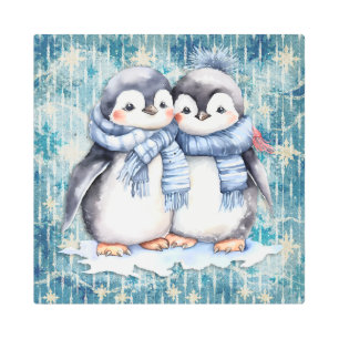 Impresión En Metal Pingüinos de acuarela azul invernal con escarabajo