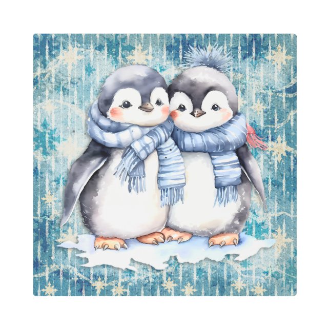 Impresión En Metal Pingüinos de acuarela azul invernal con escarabajo (Anverso)