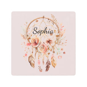 Impresión En Metal Pink Love Boho Floral Feathers Dream Catcher