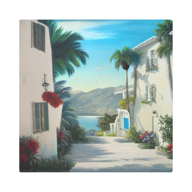 Impresión En Metal Pintado de paisajes urbanos costeros (Anverso)