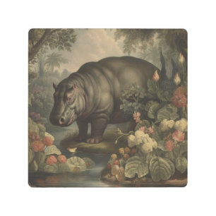 Impresión En Metal Pintura botánica de época de hipopótamo y flores
