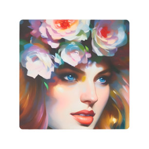 Impresión En Metal Pintura de retrato de mujer floral