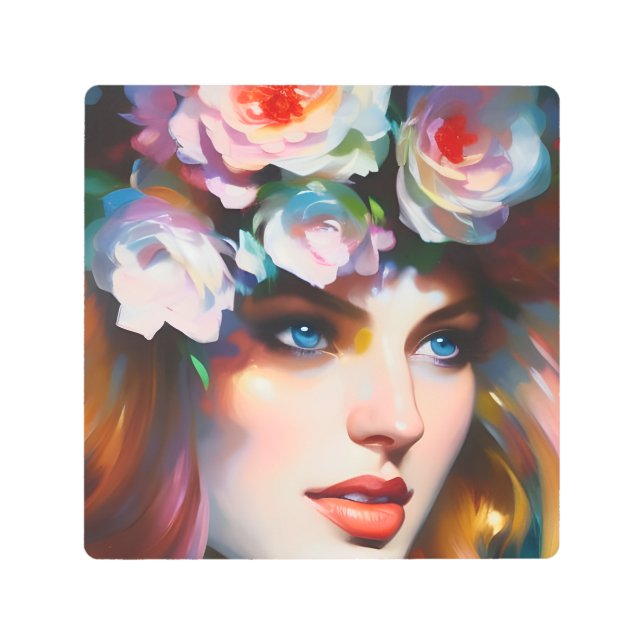 Impresión En Metal Pintura de retrato de mujer floral (Anverso)