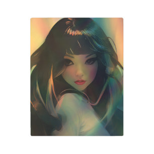 Impresión En Metal Pintura de un Chica animado rodeado de arcoiris