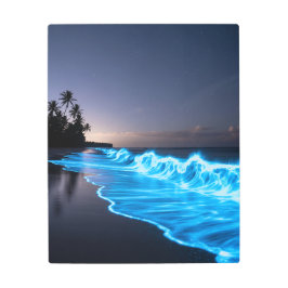 Impresión En Metal Playa con olas azul neón - resplandor oceánico
