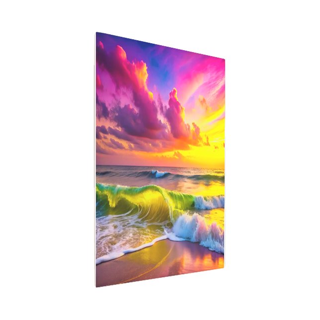 Impresión En Metal Playa con olas de océano amarillo y rosa vibrantes (3/4)